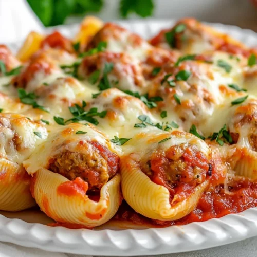 Baked Easy Stuffed Shells Topped With Melted Cheese And Marinara Sauce On A White Plate
