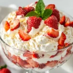 Eton Mess With Strawberries In A Clear Glass Bowl Topped With Mint And Sliced Strawberries