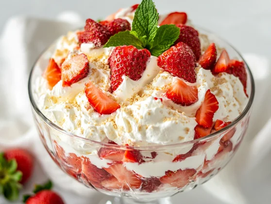 Eton Mess With Strawberries In A Clear Glass Bowl Topped With Mint And Sliced Strawberries