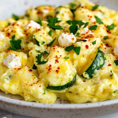 Feta Eggs With Zucchini: A Quick And Healthy Breakfast Recipe 2 Feta Eggs With Zucchini Served On A White Plate, Garnished With Crushed Red Pepper Flakes And Parsley