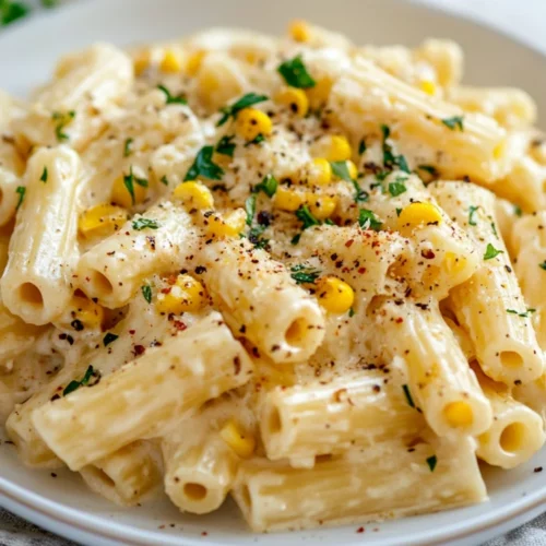 Creamy Fresh Corn Pasta With Parmesan And Parsley Served On A White Plate, Garnished With Lemon And Red Pepper Flakes.
