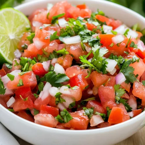 Bowl Of Fresh Pico De Gallo With Diced Tomatoes, Onions, And Cilantro Garnished With Lime On A Wooden Table.