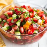 Bowl Of Fresh Strawberry Salsa With Colorful Ingredients And Tortilla Chips On The Side.