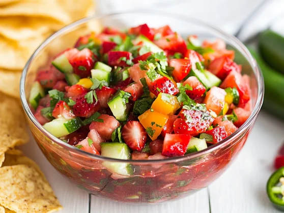 Bowl Of Fresh Strawberry Salsa With Colorful Ingredients And Tortilla Chips On The Side.