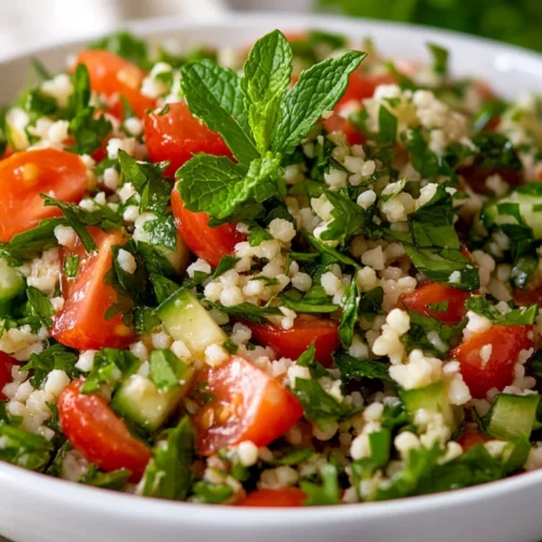 Fresh Tabbouleh Salad In A White Bowl, Garnished With Parsley And Mint, Showcasing Vibrant Colors And Textures.