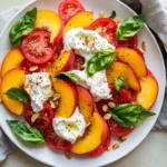 Fresh Tomato Peach Salad On A White Plate, Topped With Ricotta And Almonds, Garnished With Basil Leaves.