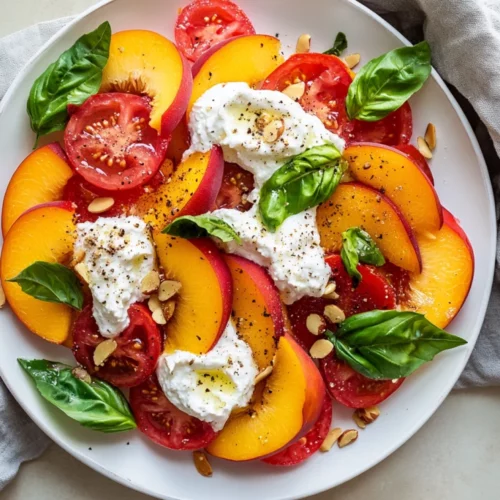 Fresh Tomato Peach Salad: A Healthy Summer Delight 2 Fresh Tomato Peach Salad On A White Plate, Topped With Ricotta And Almonds, Garnished With Basil Leaves.