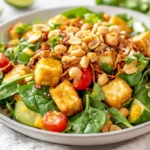 Vibrant Gado Gado Salad On A White Plate With Crispy Tofu, Roasted Peanuts, And Lime Wedges