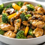 Bowl Of Garlic Chicken Stir Fry With Broccoli, Mushrooms, And Bell Peppers On A Neutral Background