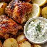 Greek Chicken And Potatoes Barbecue Platter With Tzatziki, Garnished With Dill And Lemon Wedges On A White Plate