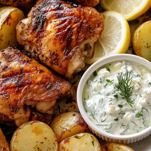 Greek Chicken And Potatoes Barbecue Platter With Tzatziki Sauce 2 Greek Chicken And Potatoes Barbecue Platter With Tzatziki, Garnished With Dill And Lemon Wedges On A White Plate