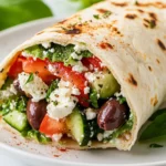 Greek Pita Wrap On A White Plate, Filled With Fresh Veggies, Feta, And Garnished With Basil