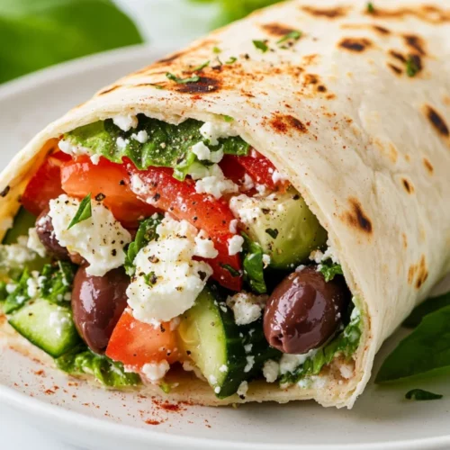The Ultimate Greek Pita Wrap Recipe: Quick, Healthy, Delicious 2 Greek Pita Wrap On A White Plate, Filled With Fresh Veggies, Feta, And Garnished With Basil