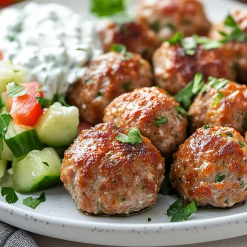 Greek Turkey Meatballs With Tzatziki Sauce – Healthy &Amp; Flavorful Dinner 2 Plated Greek Turkey Meatballs Topped With Tzatziki Sauce And Fresh Herbs, Served With Cucumber Salad