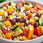 Greek Veggie Pasta Salad In A White Bowl Garnished With Feta And Fresh Herbs On A Neutral Background