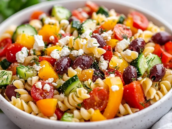 Greek Veggie Pasta Salad In A White Bowl Garnished With Feta And Fresh Herbs On A Neutral Background