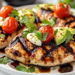 Grilled Avocado Chicken On A White Plate, Topped With Melted Cheese, Cherry Tomatoes, And Fresh Cilantro
