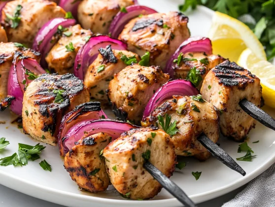 Grilled Chicken Kebabs On A White Plate Garnished With Parsley And Lemon Wedges, Showcasing Vibrant Colors.