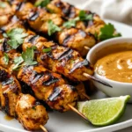 Grilled Chicken Satay Skewers On A White Plate With Peanut Sauce And Garnished With Lime Wedges And Cilantro
