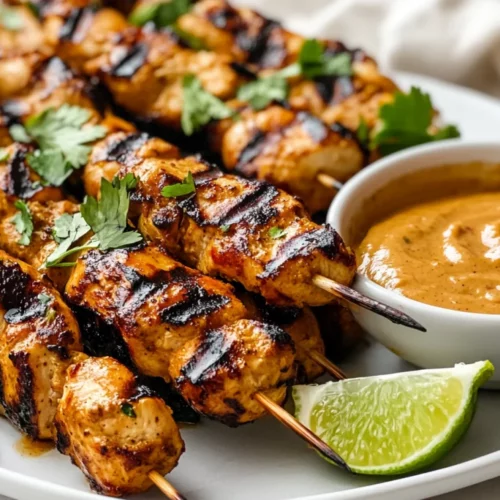 Grilled Chicken Satay Skewers On A White Plate With Peanut Sauce And Garnished With Lime Wedges And Cilantro