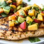 Grilled Chicken With Peach Avocado Salsa Served On A White Plate, Garnished With Cilantro And Colorful Fresh Ingredients.