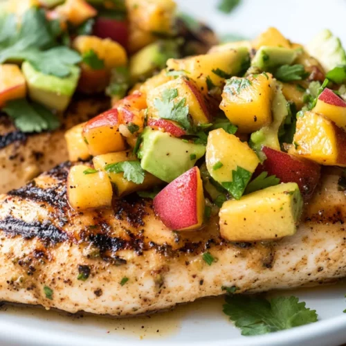 Grilled Chicken With Peach Avocado Salsa: A Fresh &Amp; Healthy Dinner 2 Grilled Chicken With Peach Avocado Salsa Served On A White Plate, Garnished With Cilantro And Colorful Fresh Ingredients.