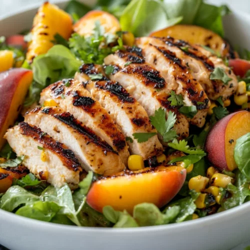 Grilled Corn Peach Salad With Chicken And Lime Dressing In A White Bowl, Garnished With Basil On A Neutral Background.