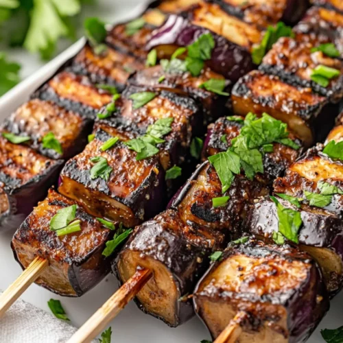 Grilled Eggplant Skewers With Honey Tahini Arranged On A White Plate, Garnished With Parsley And Colorful Bell Peppers
