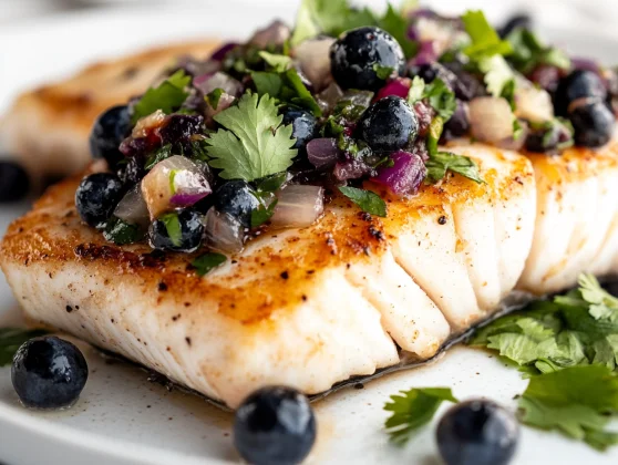 Grilled Halibut With Blueberry Salsa – Healthy, Easy &Amp; Delicious 2 Grilled Halibut With Blueberry Salsa On A White Plate, Garnished With Cilantro And Vibrant Blueberries
