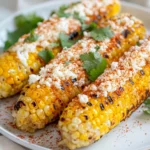 Grilled Mexican Street Corn On A White Plate, Topped With Cotija Cheese And Fresh Cilantro