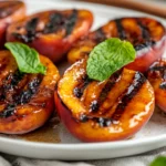 Grilled Peaches With Cinnamon On A White Plate, Melting Butter, Garnished With Mint Leaves