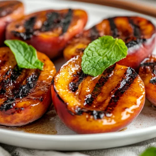 Grilled Peaches With Cinnamon: A Healthy Summer Dessert 2 Grilled Peaches With Cinnamon On A White Plate, Melting Butter, Garnished With Mint Leaves