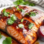 Grilled Salmon With Plum Sauce On A White Plate, Garnished With Cilantro And Fresh Plum Slices, Vibrant And Appetizing.