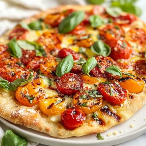 Triple Tomato Grilled Flatbread On A White Plate Topped With Asiago Cheese And Fresh Basil