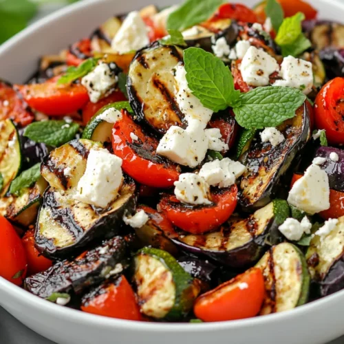 Grilled Vegetable Salad With Feta: A Healthy Summer Recipe 2 Grilled Vegetable Salad With Feta Served In A White Bowl, Garnished With Fresh Mint And Grape Tomatoes