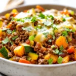 Ground Beef Zucchini Skillet With Sweet Potato And Cheese Garnished With Cilantro On A White Bowl