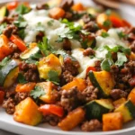 Ground Beef Zucchini Skillet Topped With Melted Cheese And Fresh Cilantro On A White Plate