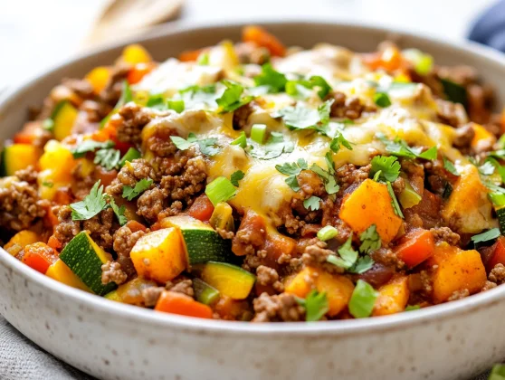 Ground Beef Zucchini Skillet - Easy &Amp; Healthy Dinner Recipe 2 Ground Beef Zucchini Skillet With Sweet Potato And Cheese Garnished With Cilantro On A White Bowl