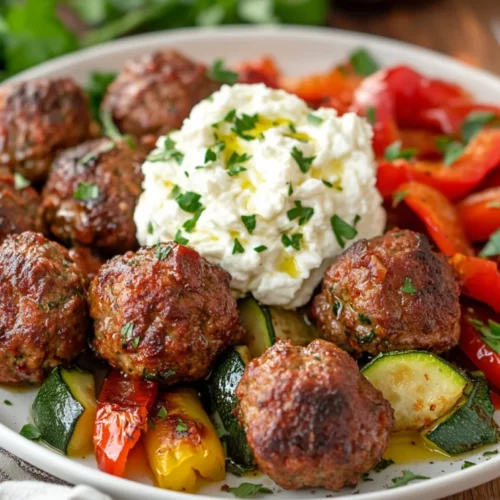 Flavorful Harissa Meatballs With Feta - A Nutritious Dinner Idea 2 Flavorful Harissa Meatballs With Feta On A White Plate, Garnished With Parsley And Accompanied By Roasted Veggies