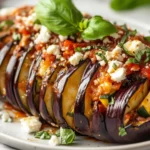 Hasselback Eggplant Topped With Melted Cheese And Fresh Herbs On A White Plate, Garnished With Marinara Sauce