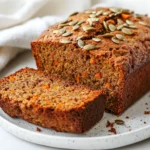Freshly Sliced Healthy Banana Vegetable Bread On A White Plate, Garnished With Pumpkin Seeds.
