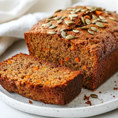 Healthy Banana Vegetable Bread For A Nutritious Treat 2 Freshly Sliced Healthy Banana Vegetable Bread On A White Plate, Garnished With Pumpkin Seeds.