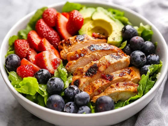 Healthy Berry Salad Bowl Packed With Protein And Fresh Flavor 2 Healthy Berry Salad Bowl With Mixed Greens, Strawberries, Avocado, And Chicken In A White Bowl
