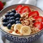 Bowl Of Healthy Fruit Cereal Topped With Bananas, Berries, And Nuts, Surrounded By Almond Milk On A Clean White Surface