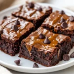 Delicious Healthy Peanut Butter Brownies Topped With Melted Peanut Butter And Chocolate Chips On A White Plate
