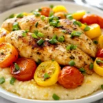 Herbed Chicken Grits Squash Tomatoes Served On A White Plate With Colorful Vegetables And Fresh Herbs