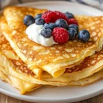 Delicious High-Protein Crepes Stacked On A White Plate, Garnished With Fresh Berries And Yogurt