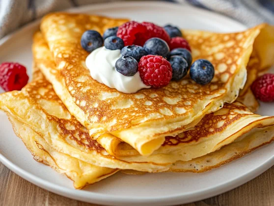 High-Protein Crepes: Easy, Delicious, And Healthy Recipe 2 Delicious High-Protein Crepes Stacked On A White Plate, Garnished With Fresh Berries And Yogurt