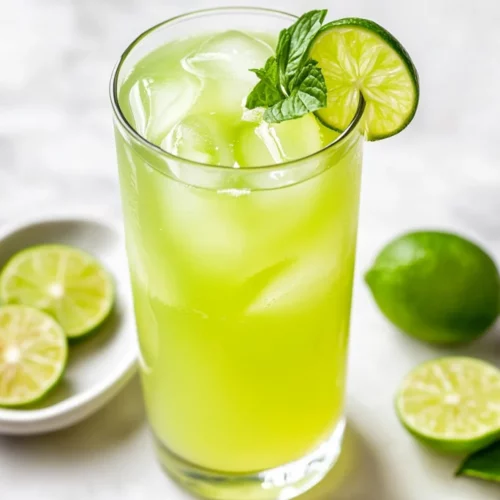 Refreshing Homemade Limeade Without Refined Sugar In A Glass With Ice, Garnished With Lime Slice And Mint On A Marble Countertop
