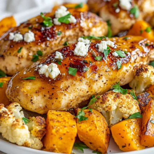 Hot Honey Chicken Sheet Pan Meal On A White Plate, Garnished With Feta And Parsley, With Roasted Sweet Potatoes And Cauliflower